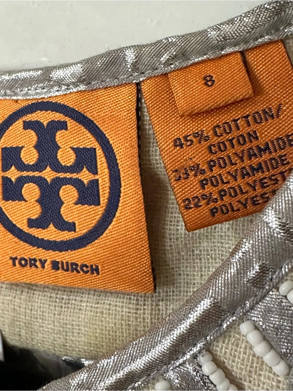 Tory Burch Silver Brocade Top w Rhinestone Neckline Beautiful Linen-Blend Top